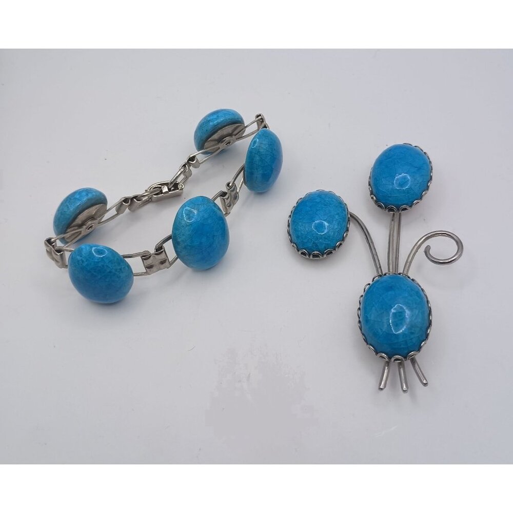Vintage Turquoise Blue Cabochon Glass Set Bracelet Floral Spray Brooch